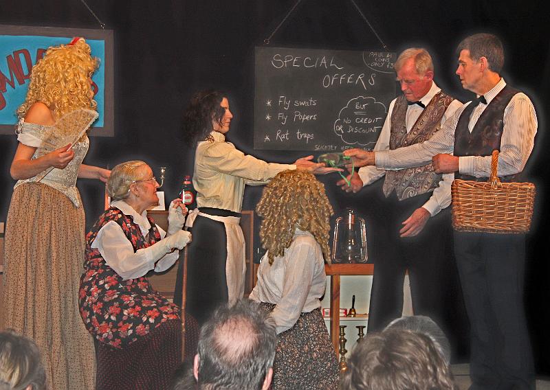 Group 3.jpg - Amy hands Walt and Wilf the complimentary high tec goggles, watched by Gertie, Grandma Gumdrop and Mona.